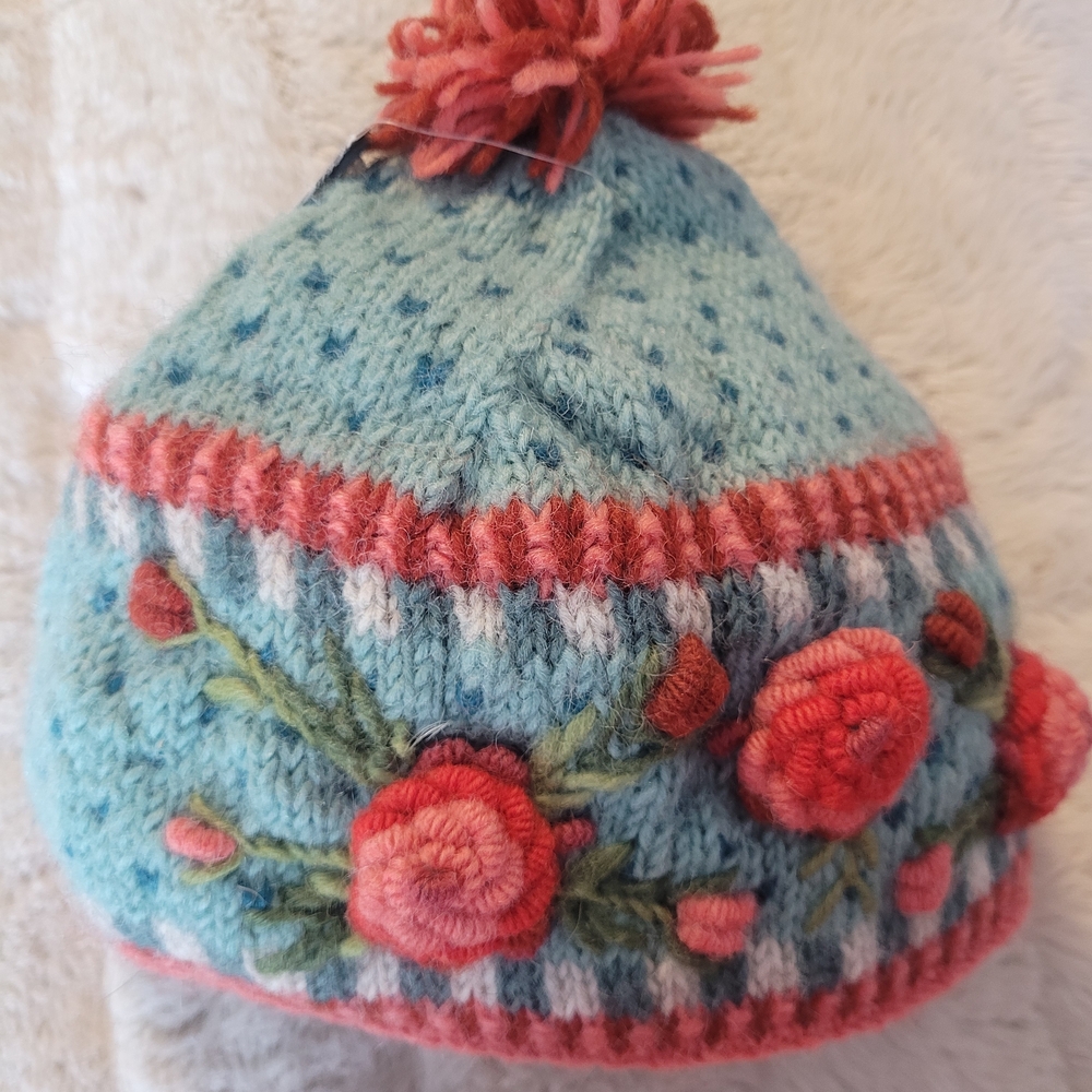 Sundance Blue and Pink Floral Knit Beanie